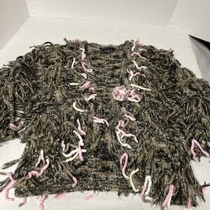 I.N.C Shaggy‎ Funky Knit Short Sweater Open Front Neutral Colors Pink Accents